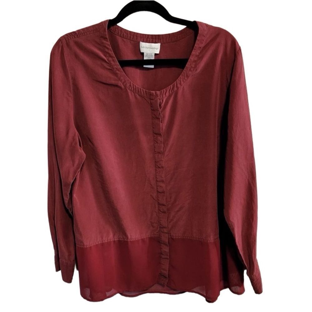 Soft Surroundings- Silk Blend Brick Red Button Down Peplum Blouse, Size XL